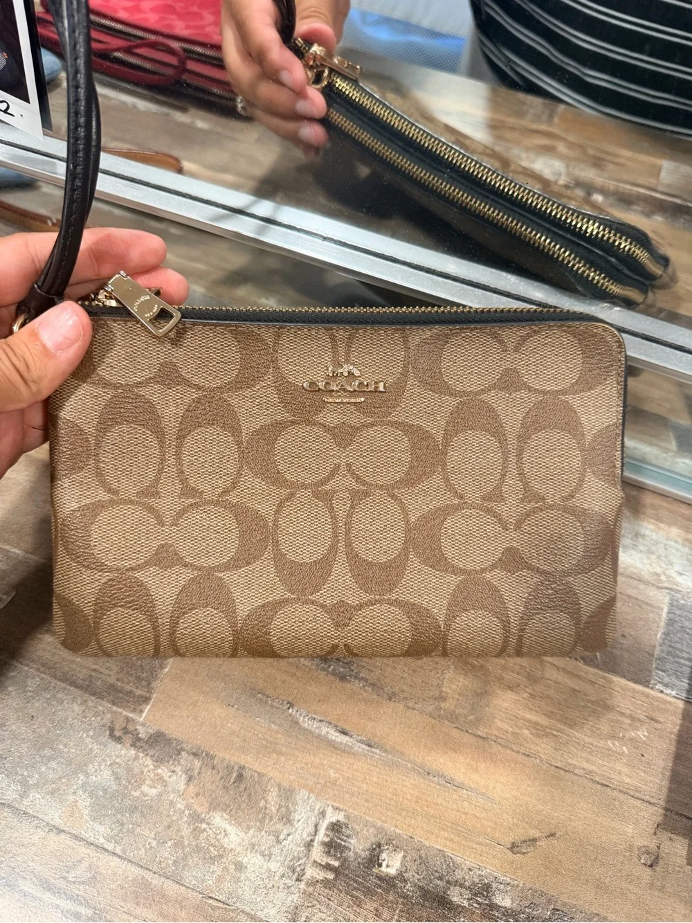 Coach Brown Signature Canvas Wristlet with Gold Logo